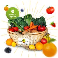 Basket of fresh and organic fruits and vegetables. Our Signature Produce Bins are made based on what's in season and what's on sale. These are perfect for you if you like surprises and a good variety of produce.