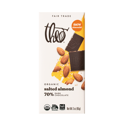 Theo Organic Salted Almond 70% Chocolate bar, 85g