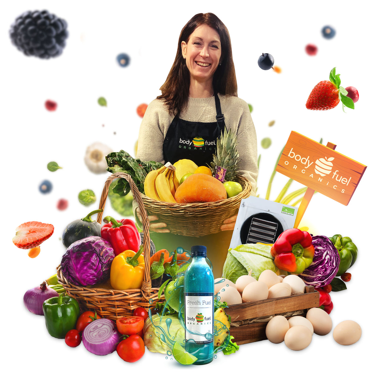 Lana the manager with organic, local and fresh fruits and vegetables and farm eggs. Shop our store now!