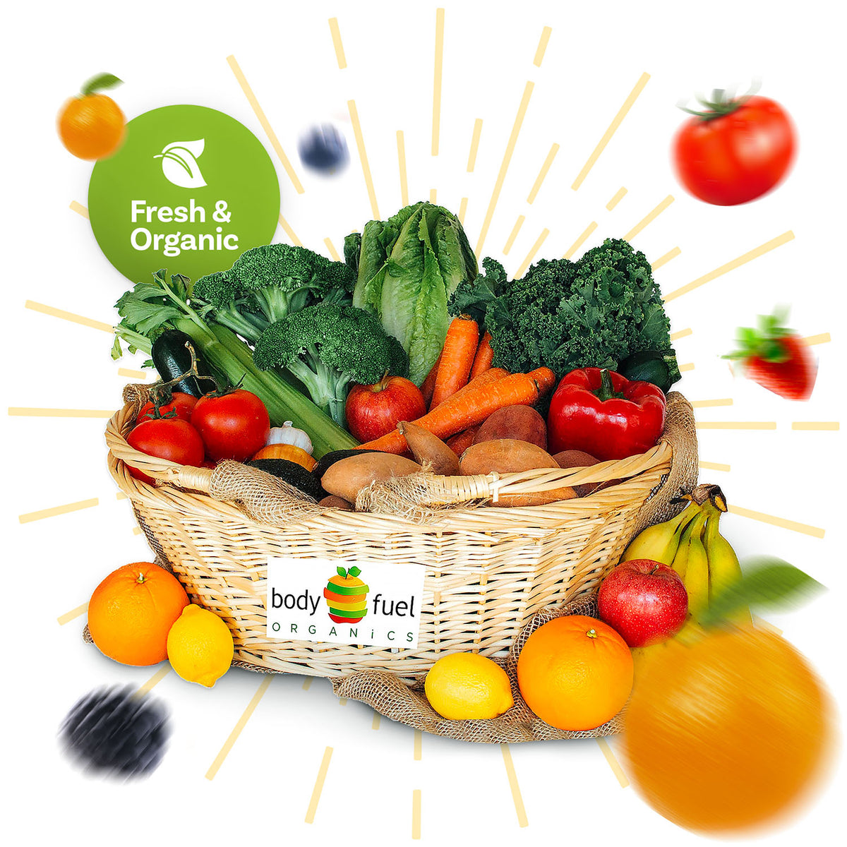 Basket of fresh and organic fruits and vegetables. Our Signature Produce Bins are made based on what's in season and what's on sale. These are perfect for you if you like surprises and a good variety of produce.