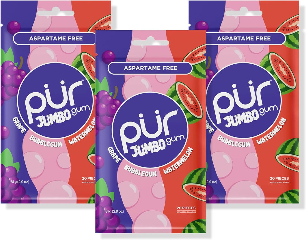 PUR Jumbo Gum, Grape/Watermelon/Bubblegum, 20 pieces