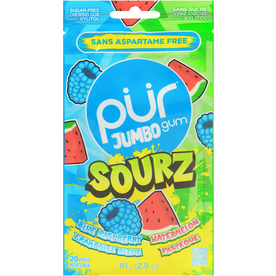 PUR Jumbo Gum Sourz, Blue Raspberry/Watermelon, 20 pieces