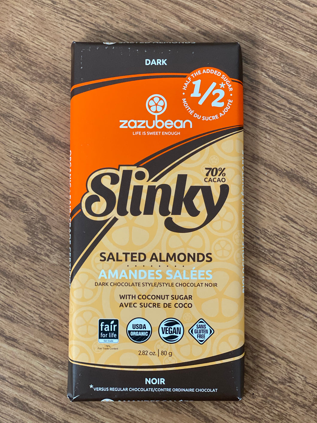 Zazubean Slinky 70% Dark Cacao Salted Almonds (Low Sugar!) 80g